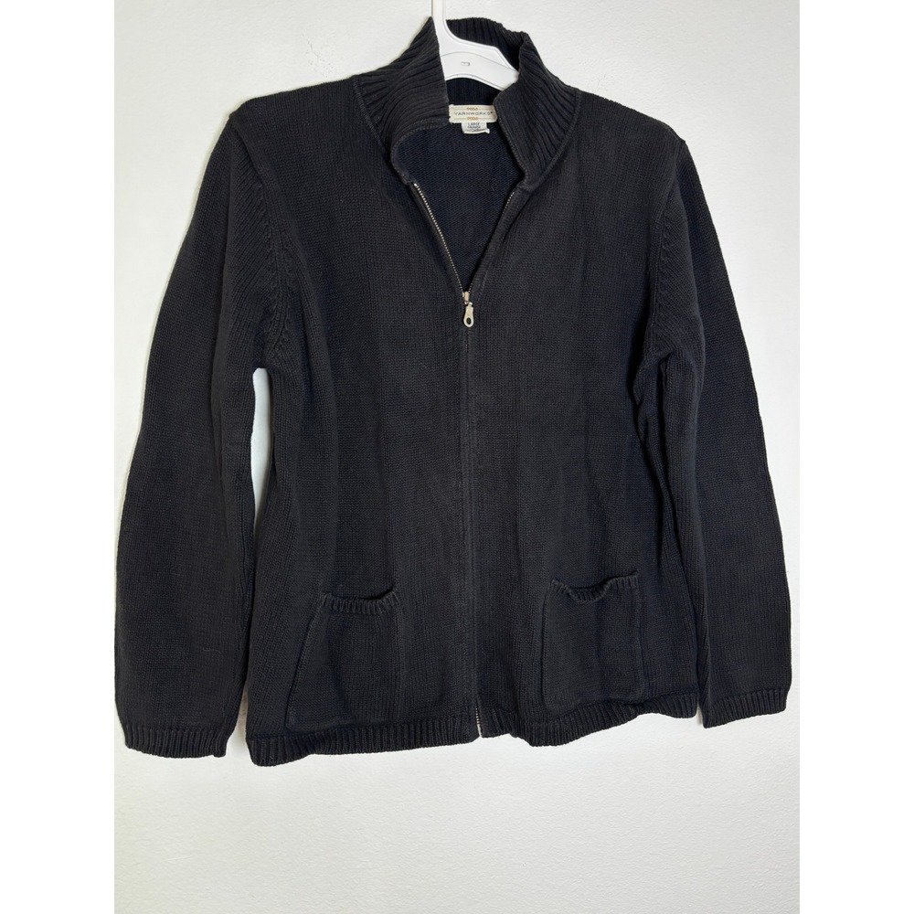 Yarnworks Black Full Zip Cotton Cardigan Sweater Mock Neck Pockets Large‎ 12/14
